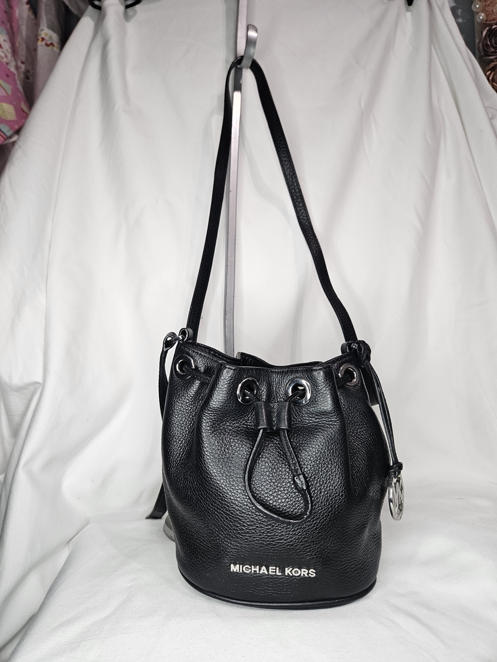 Michael Kors Black Pebbled Leather Drawstring Crossbody Bucket Bag